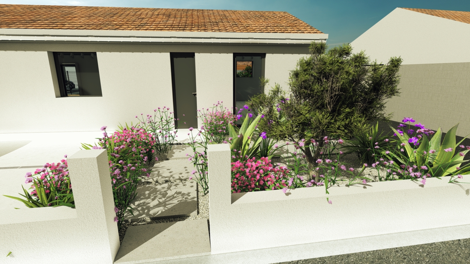 Conception 3D et création paysagère d'un jardin, plantation, accès, dalles céramiques, ganivelles